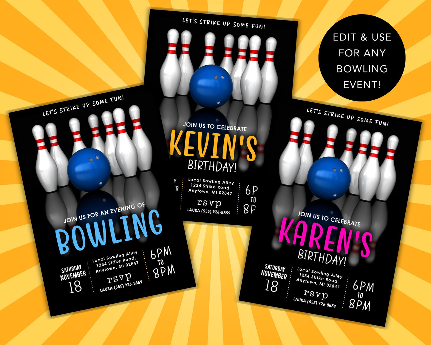 Bowling Night Invitation | Editable Bowling Event Invitation | Bowling Party Invite | Editable Template | Bowling Birthday Invite Adult/Kids