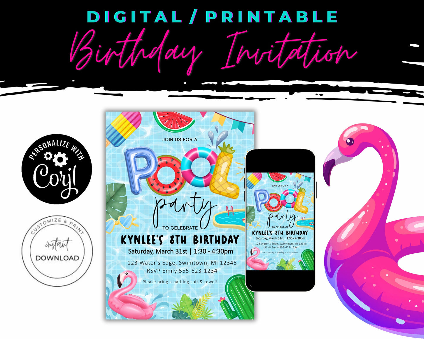 Pool Party Birthday Invitation, Kids Pool Party Invite, Girl Boy Birthday Pool Party, Swim Party, Summer Birthday Party, Editable Template