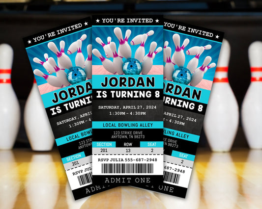 Bowling Birthday Party Ticket Invitation, Bowling Ticket Invite Template, Bday Party Kids, Digital Editable Printable Custom Bowling Party