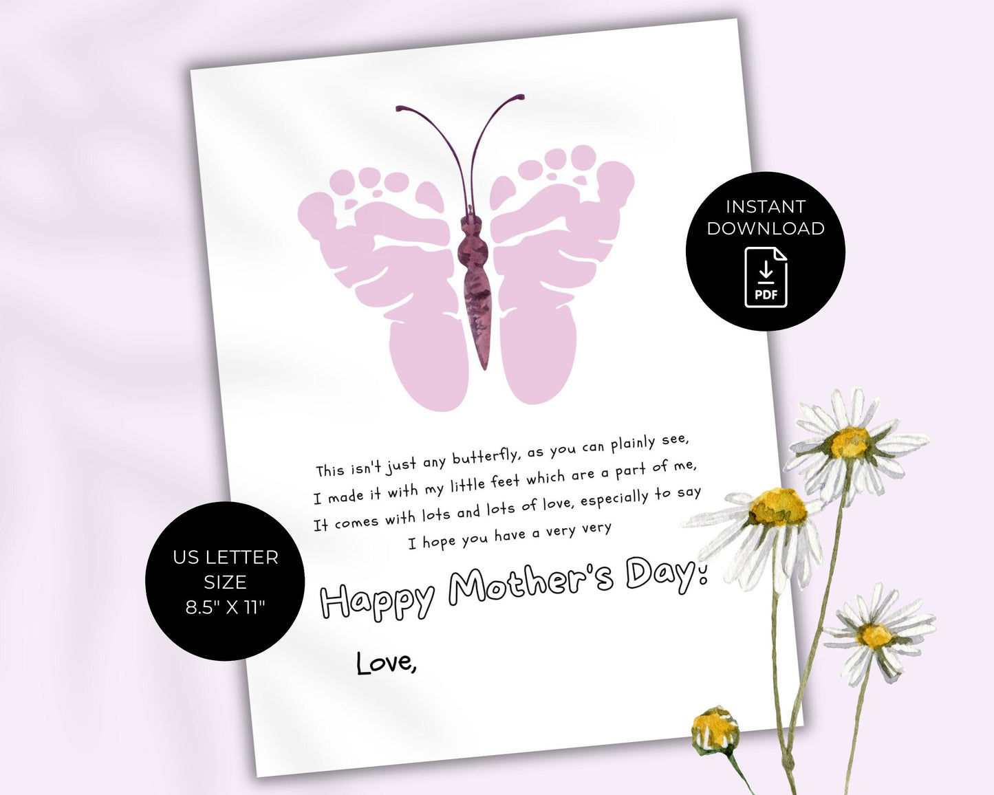 Mother's Day Butterfly Footprint Printable Craft, Gift for Mom from Child Baby Toddler, Footprint Art, Daycare Craft, Mother's Day Keepsake