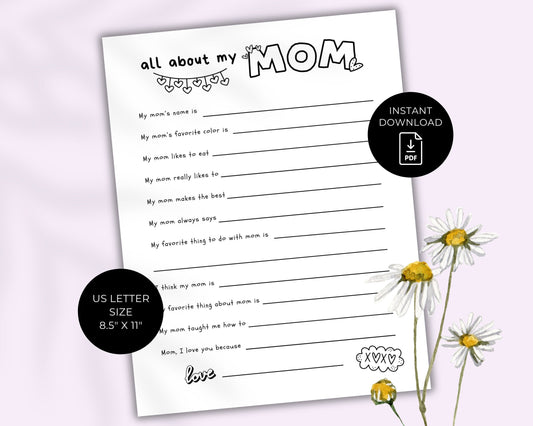 Mother's Day All About Mom Fill In Blanks Printable Craft, Gift for Mom from Child, School or Daycare Craft, Mother's Day Keepsake for Mum