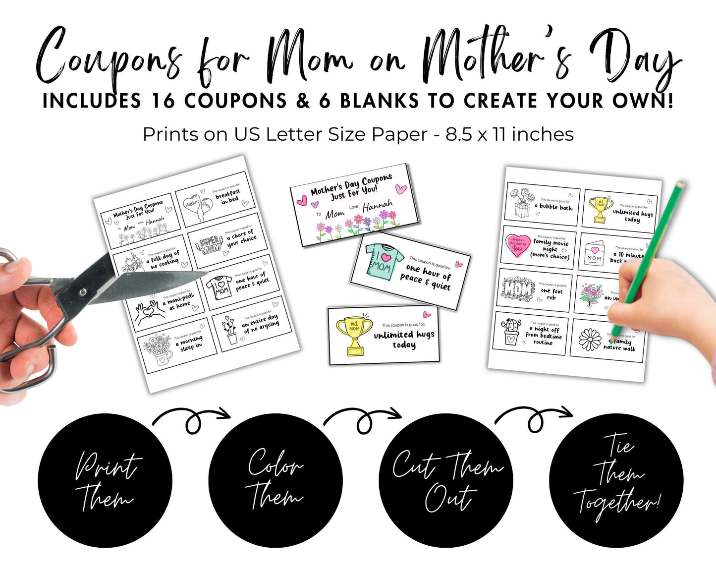 Mother's Day Coupons, Gift for Mom from Kids, Printable Editable Coupons,Personalized Mom Coloring Coupon Book, Mother's Day Gift from Child