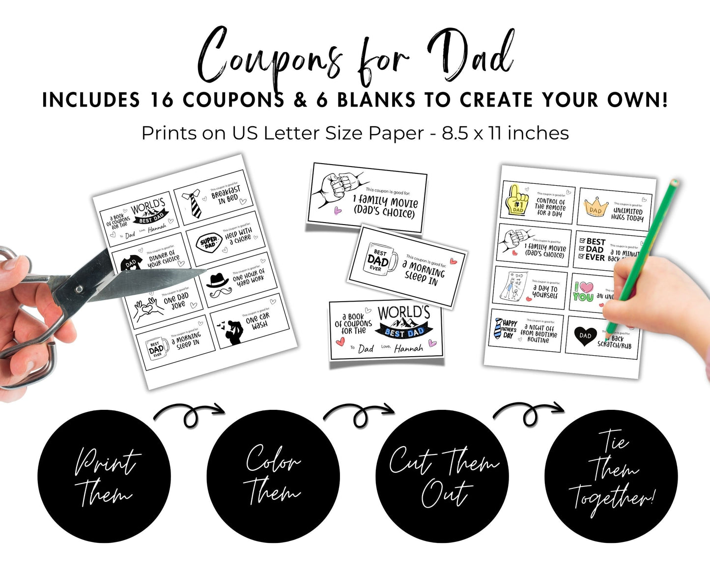 Coupons for Dad, Gift for Dad from Kids, Printable Editable Coupons,Personalized Dad Coloring Coupon Book, Birthday Father’s Day from Child