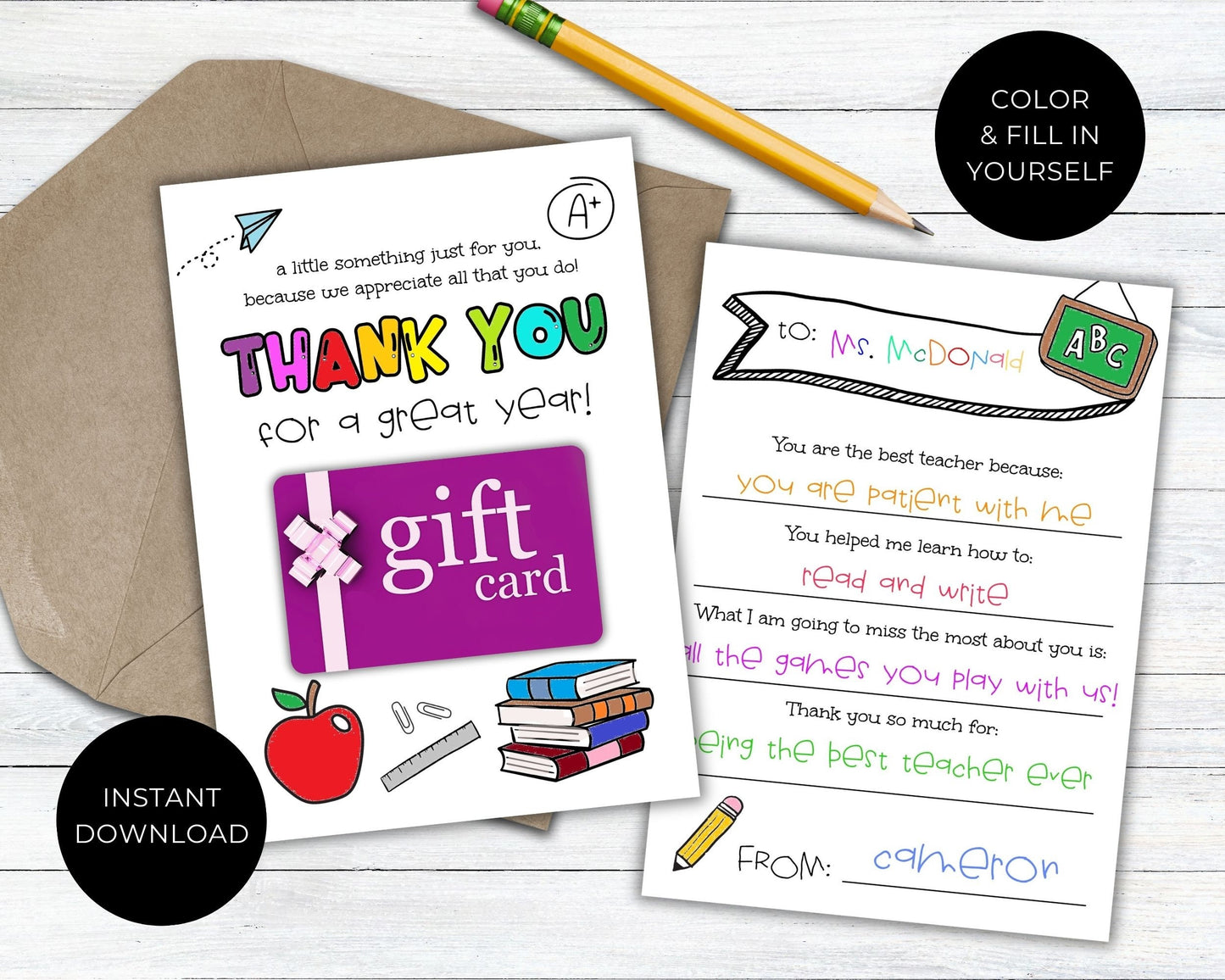 Teacher Thank You Card, End of Year Appreciation Gift, Greeting Gift Card Holder to Thank Teachers,  Printable DIY Color & Fill In Template