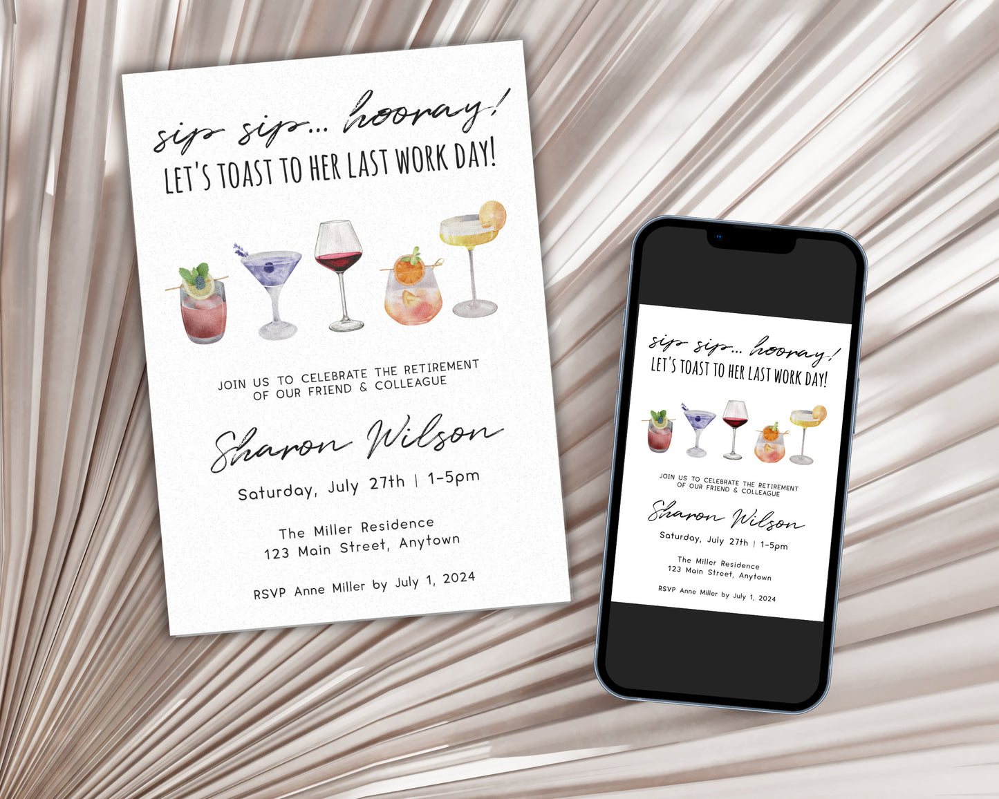 Retirement Party Invitation | Editable Retirement Celebration Event Invite | Sip Sip Hooray Last Work Day | DIY Printable Editable Template