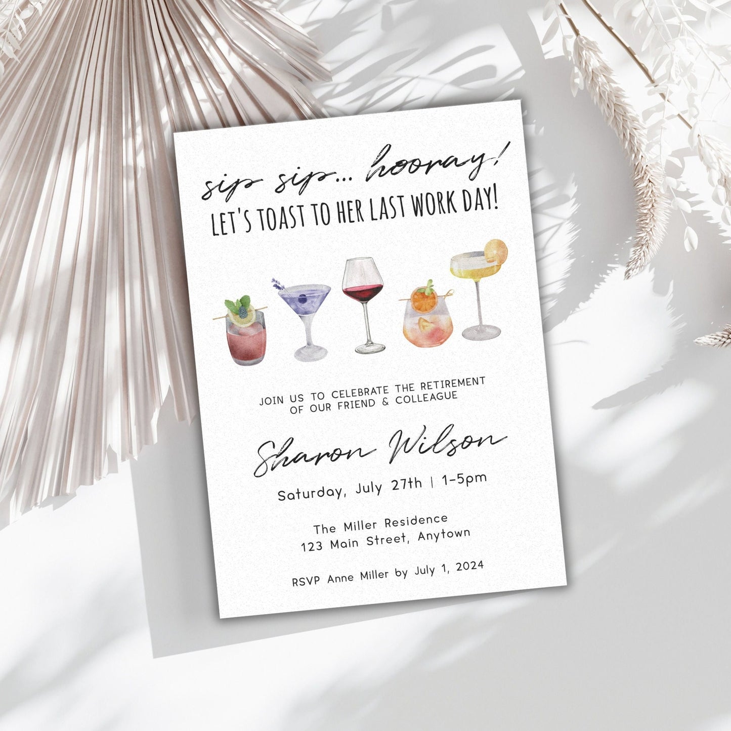 Retirement Party Invitation | Editable Retirement Celebration Event Invite | Sip Sip Hooray Last Work Day | DIY Printable Editable Template