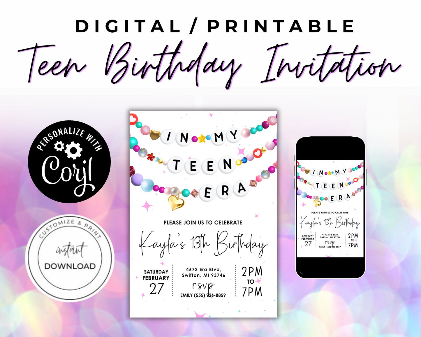 In My Teen Era Friendship Bracelet Birthday Invitation, Girl Teenager Invitation, Birthday Era Digital Download, Printable Editable Template