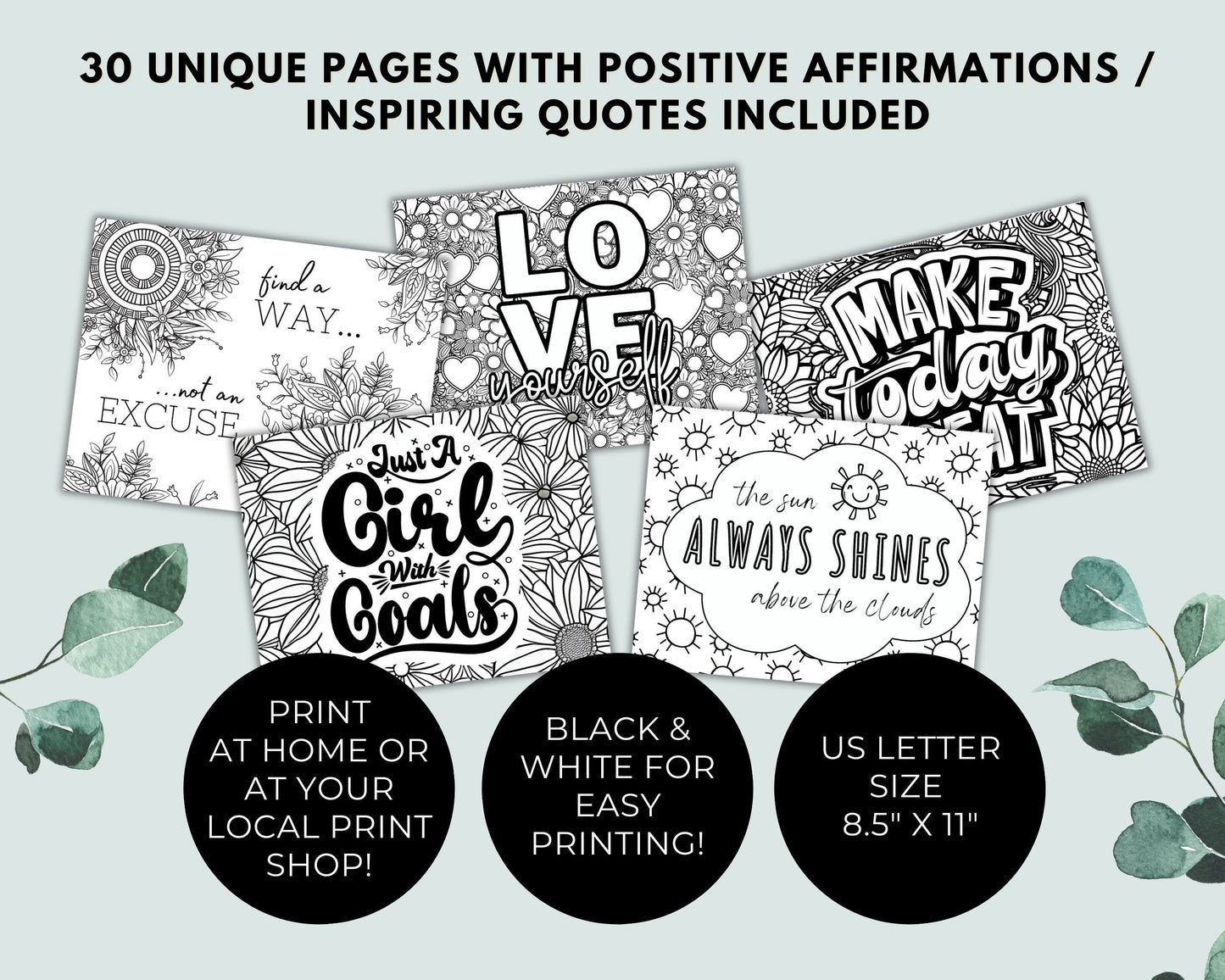 Motivational Quotes Coloring Pages, Positive Affirmation Sheets for Adults, Teens, Kids, Printable Inspirational Quotes, Instant Download