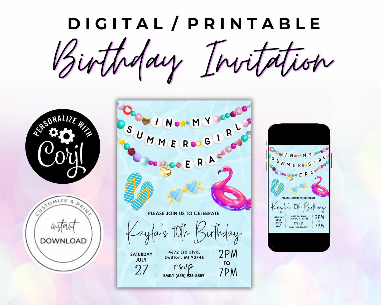 In My Summer Girl Era Friendship Bracelet Invitation, Pool Party Birthday Invitation, Swim Bday Digital Download,Printable Editable Template