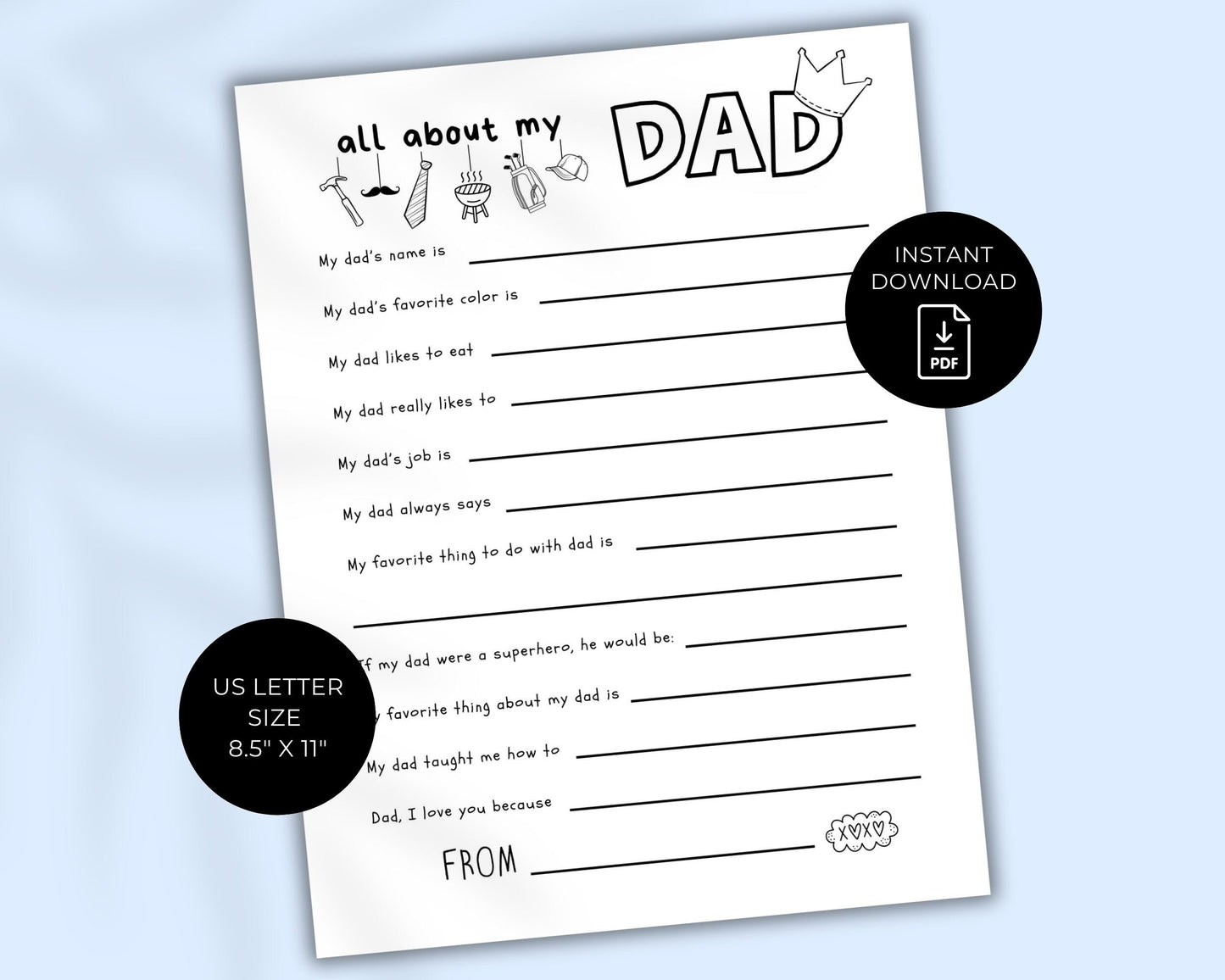 Father's Day All About Dad Fill In Blanks Printable Craft, Gift for Dad from Child, School or Daycare Craft, Fathers Day Keepsake for Daddy