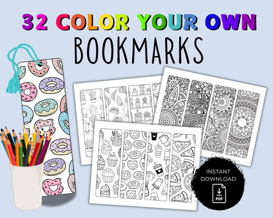 Printable Coloring Bookmarks, Bookmark Coloring Pages for Kids or Adults, Kid Color Your Own Book Marks, Instant Download DIY Kids Activity