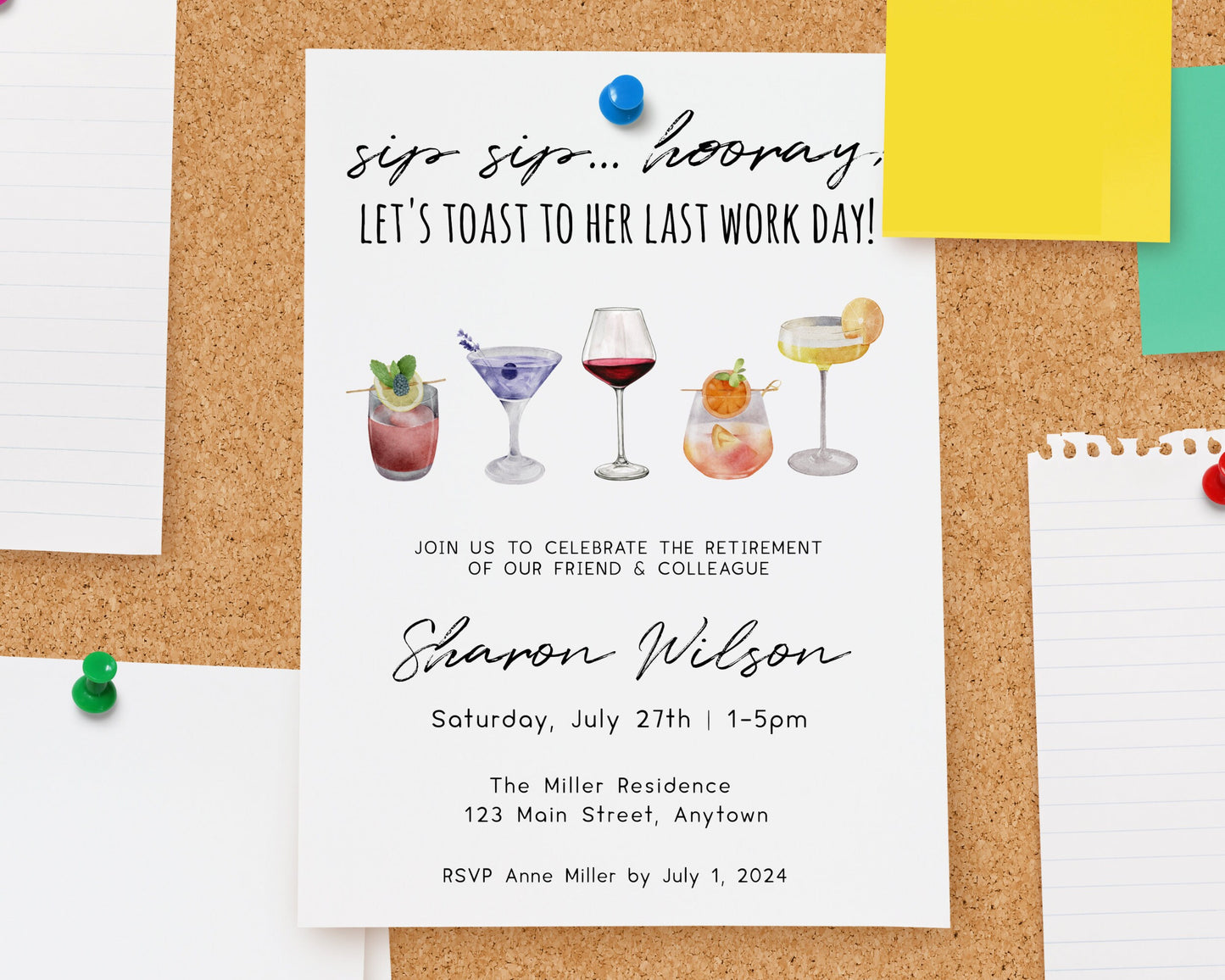 Retirement Party Invitation | Editable Retirement Celebration Event Invite | Sip Sip Hooray Last Work Day | DIY Printable Editable Template