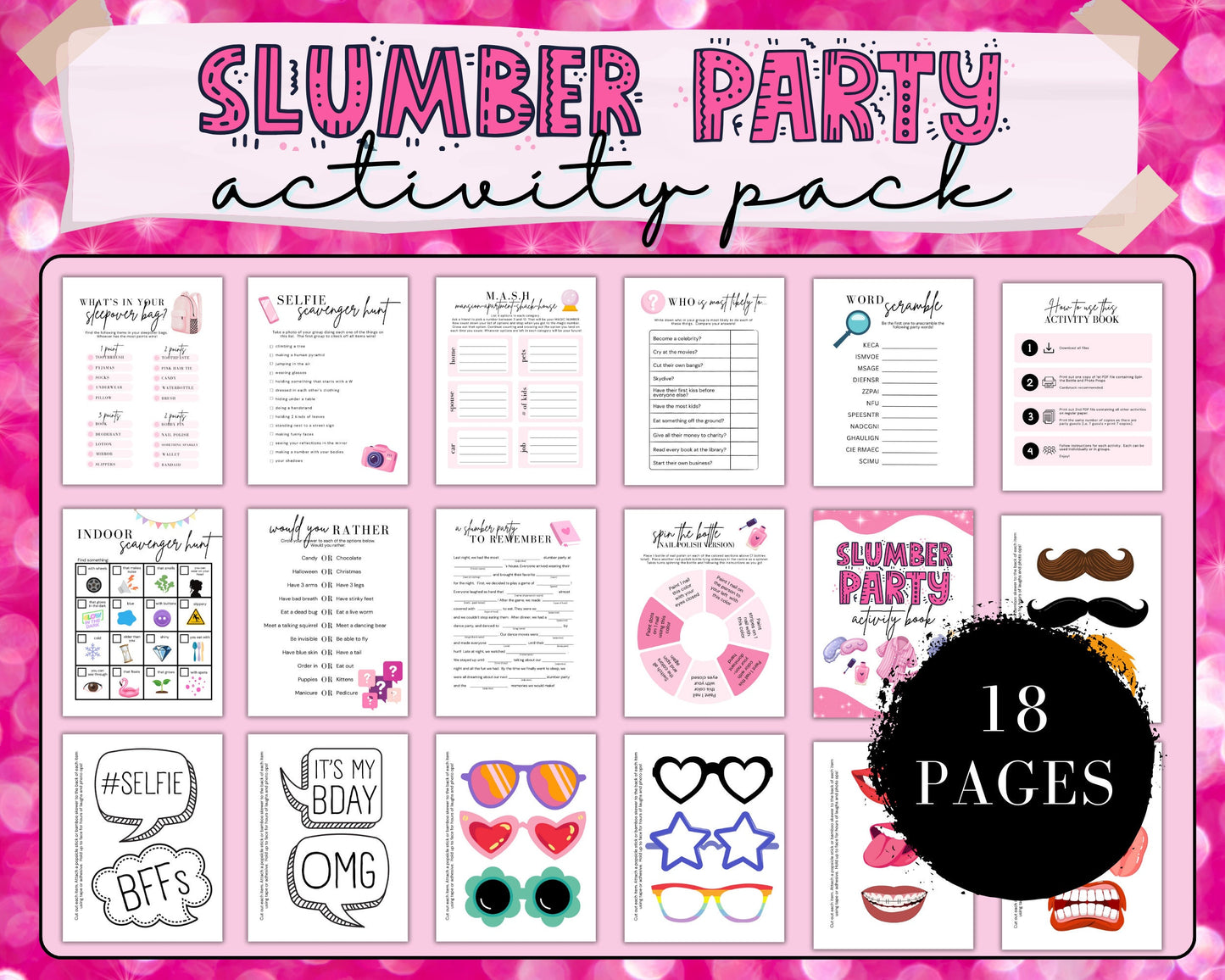 Slumber Party Activity Pack for Girls, Sleepover Party Games for Kids Tweens Teens, Printable Pyjama Birthday Party Games Bundle,Photo Props