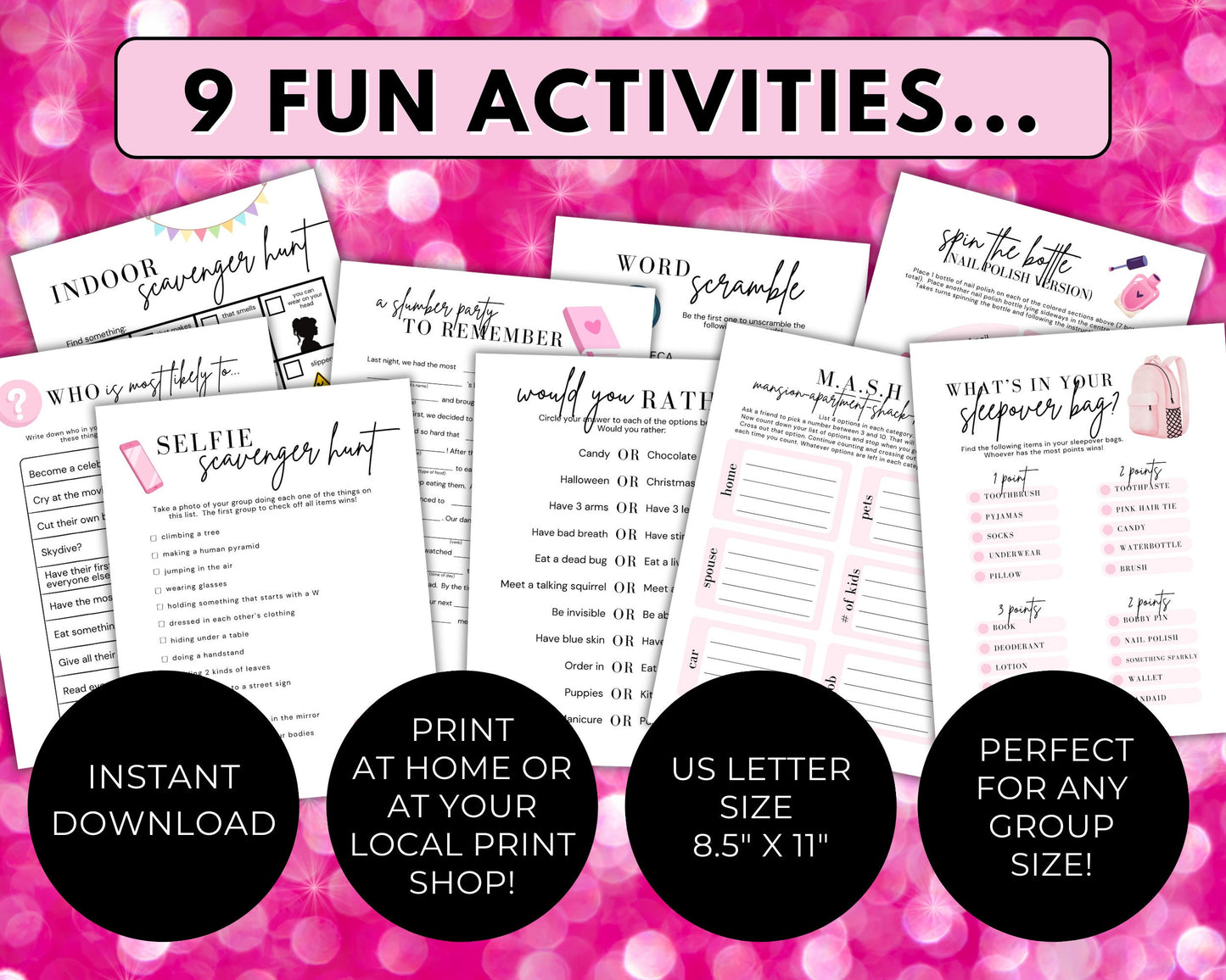 Slumber Party Activity Pack for Girls, Sleepover Party Games for Kids Tweens Teens, Printable Pyjama Birthday Party Games Bundle,Photo Props