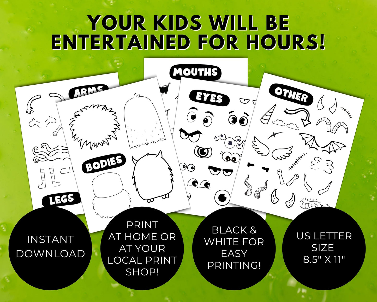 Draw Your Own Monster Activity for Kids, Cartoon Character Tracing Activity Pages, Make Own Crazy Caricatures, Instant Printable Download