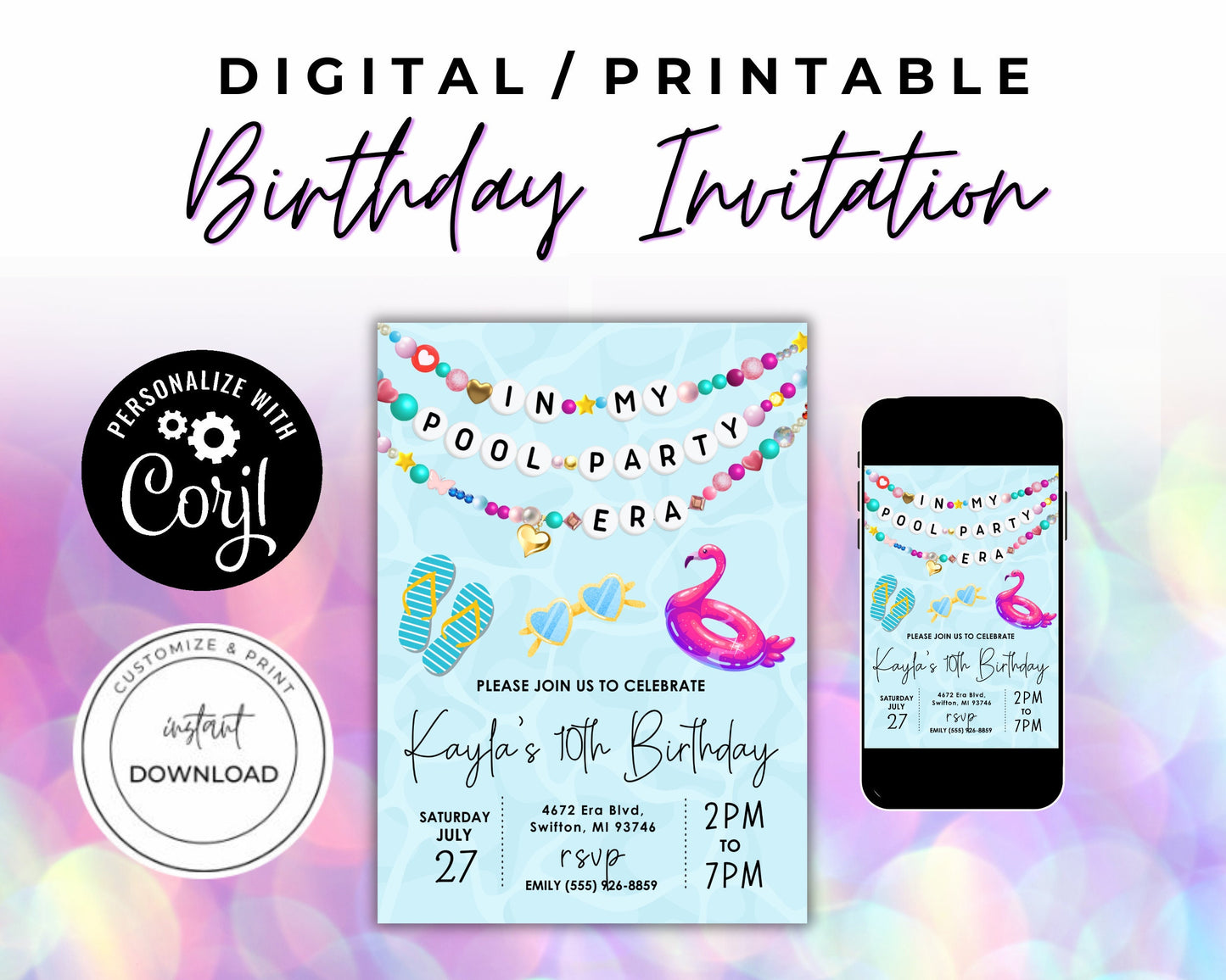 Birthday BUNDLE In My Pool Party Era Friendship Bracelet Invitation Thank You Tag Welcome Sign Milestone, Digital Download,Editable Template