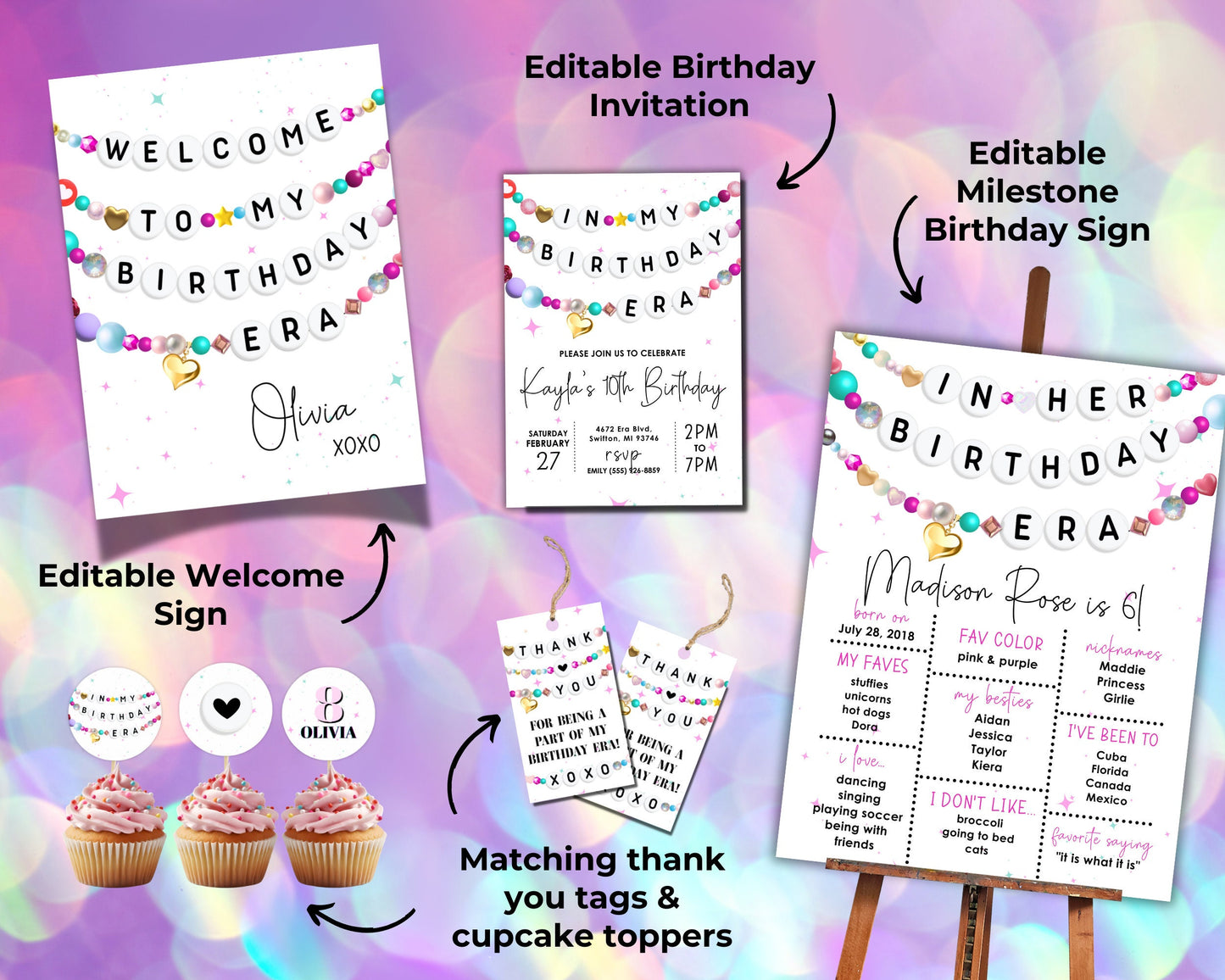 Birthday BUNDLE, In My Birthday Era Friendship Bracelet Invitation Thank You Tag Milestone Welcome Sign, Digital Download, Editable Template