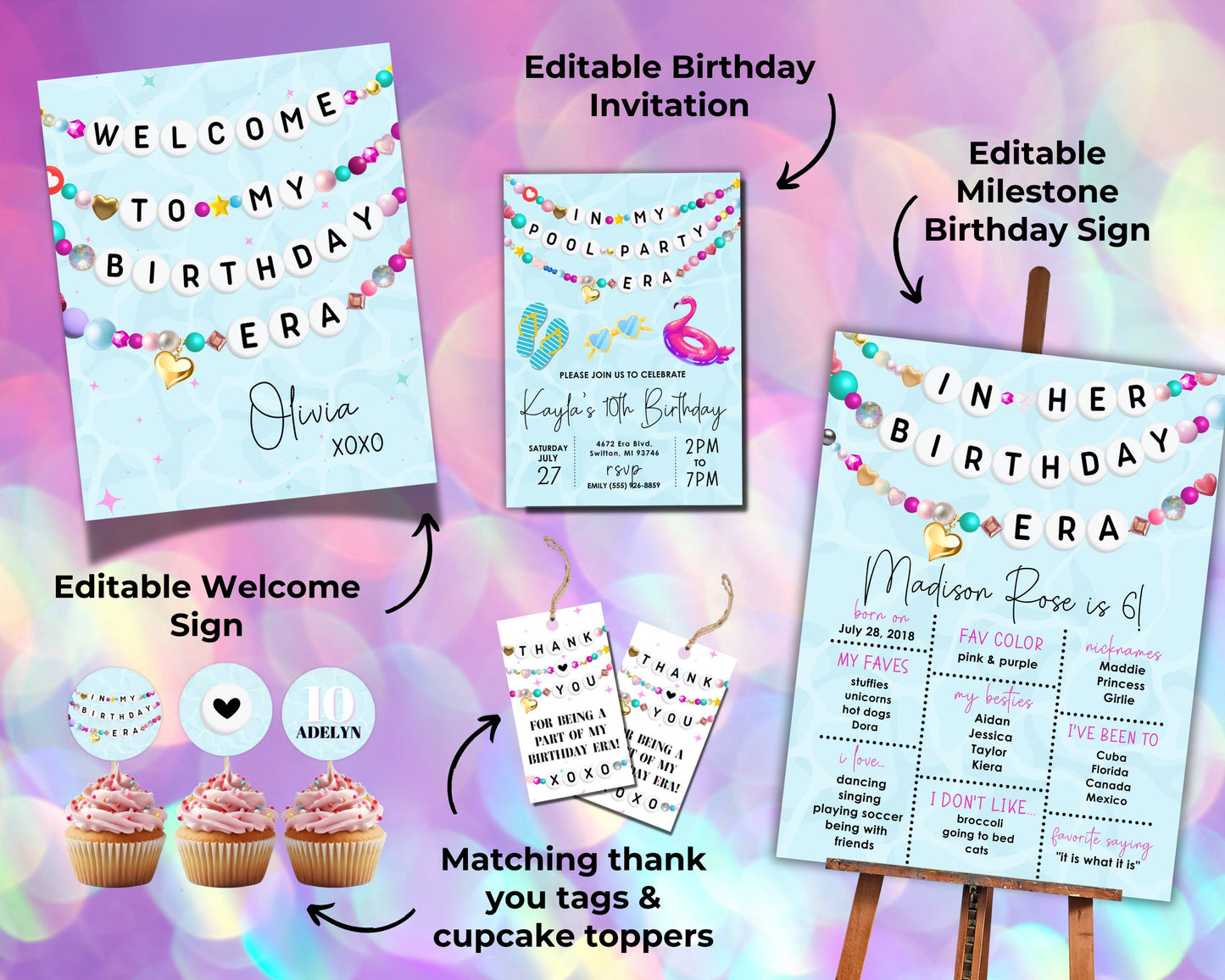 Birthday BUNDLE In My Pool Party Era Friendship Bracelet Invitation Thank You Tag Welcome Sign Milestone, Digital Download,Editable Template