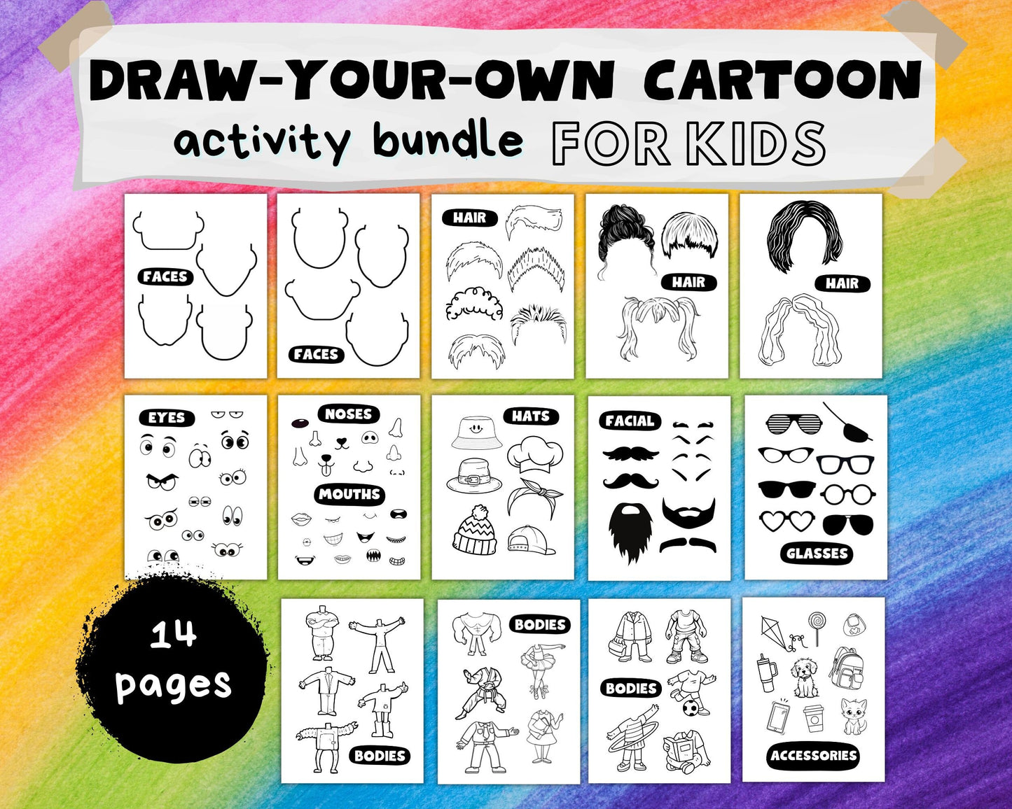 Draw Your Own Cartoon Activity for Kids, Traceable Character Pages, Tracing Activity Make Own Crazy Caricatures, Instant Printable Download