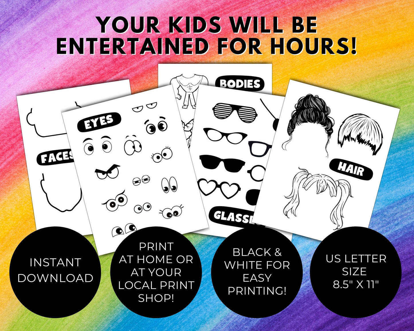 Draw Your Own Cartoon Activity for Kids, Traceable Character Pages, Tracing Activity Make Own Crazy Caricatures, Instant Printable Download