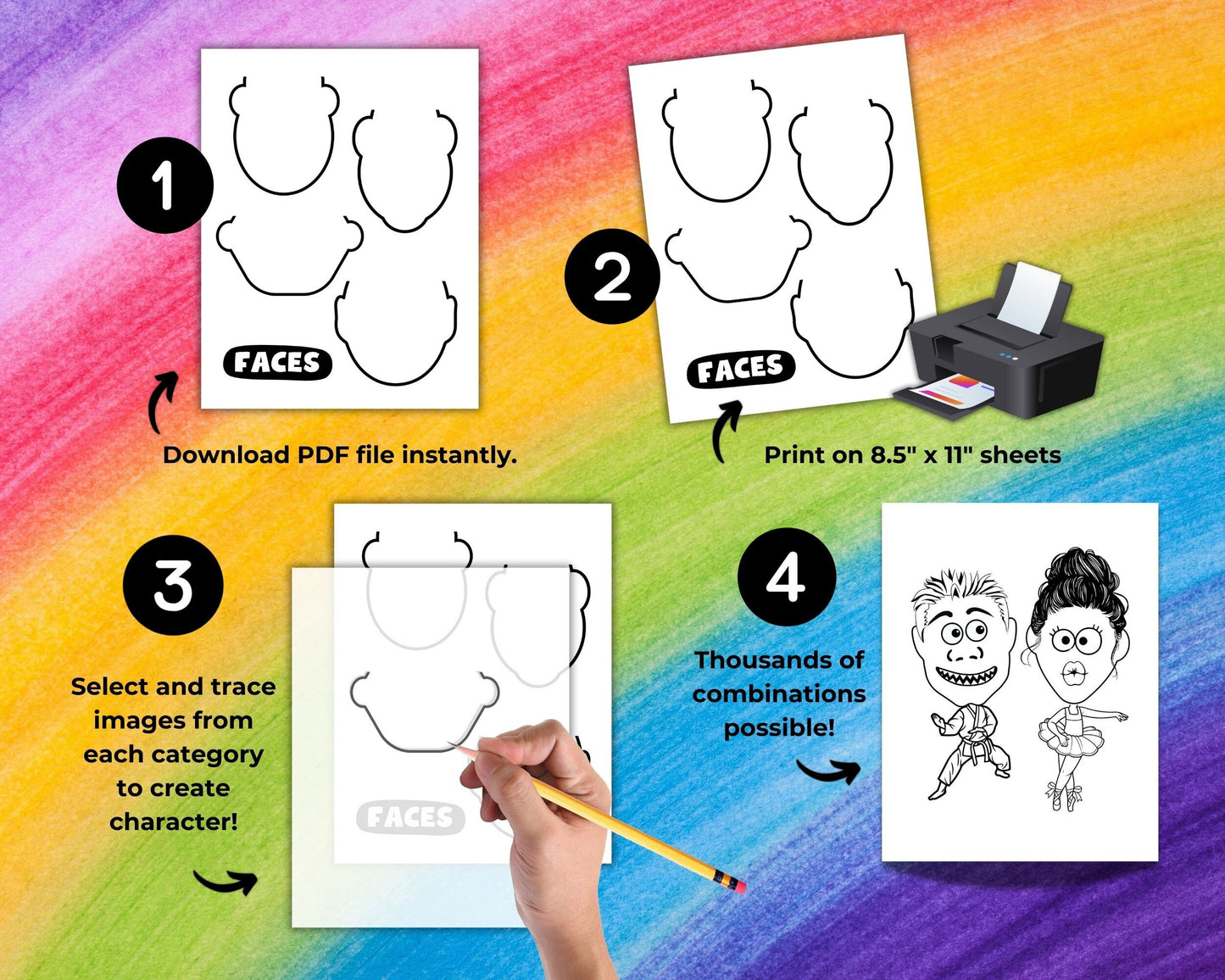 Draw Your Own Cartoon Activity for Kids, Traceable Character Pages, Tracing Activity Make Own Crazy Caricatures, Instant Printable Download