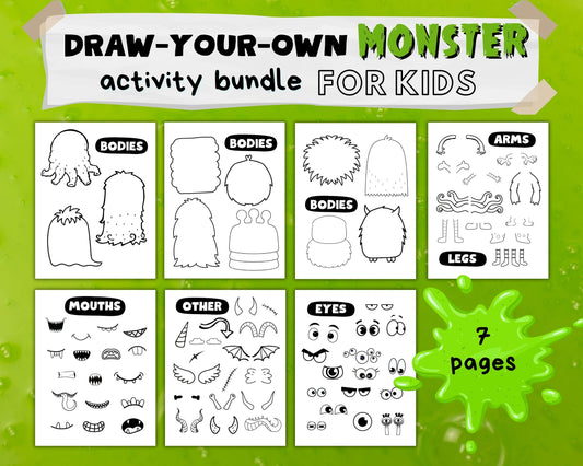 Draw Your Own Monster Activity for Kids, Cartoon Character Tracing Activity Pages, Make Own Crazy Caricatures, Instant Printable Download