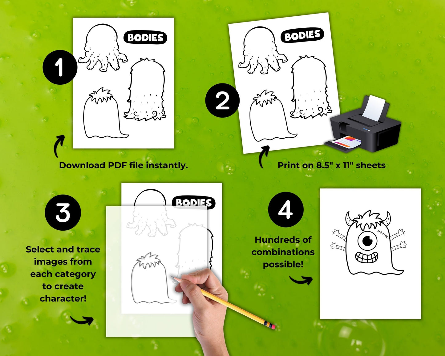 Draw Your Own Monster Activity for Kids, Cartoon Character Tracing Activity Pages, Make Own Crazy Caricatures, Instant Printable Download