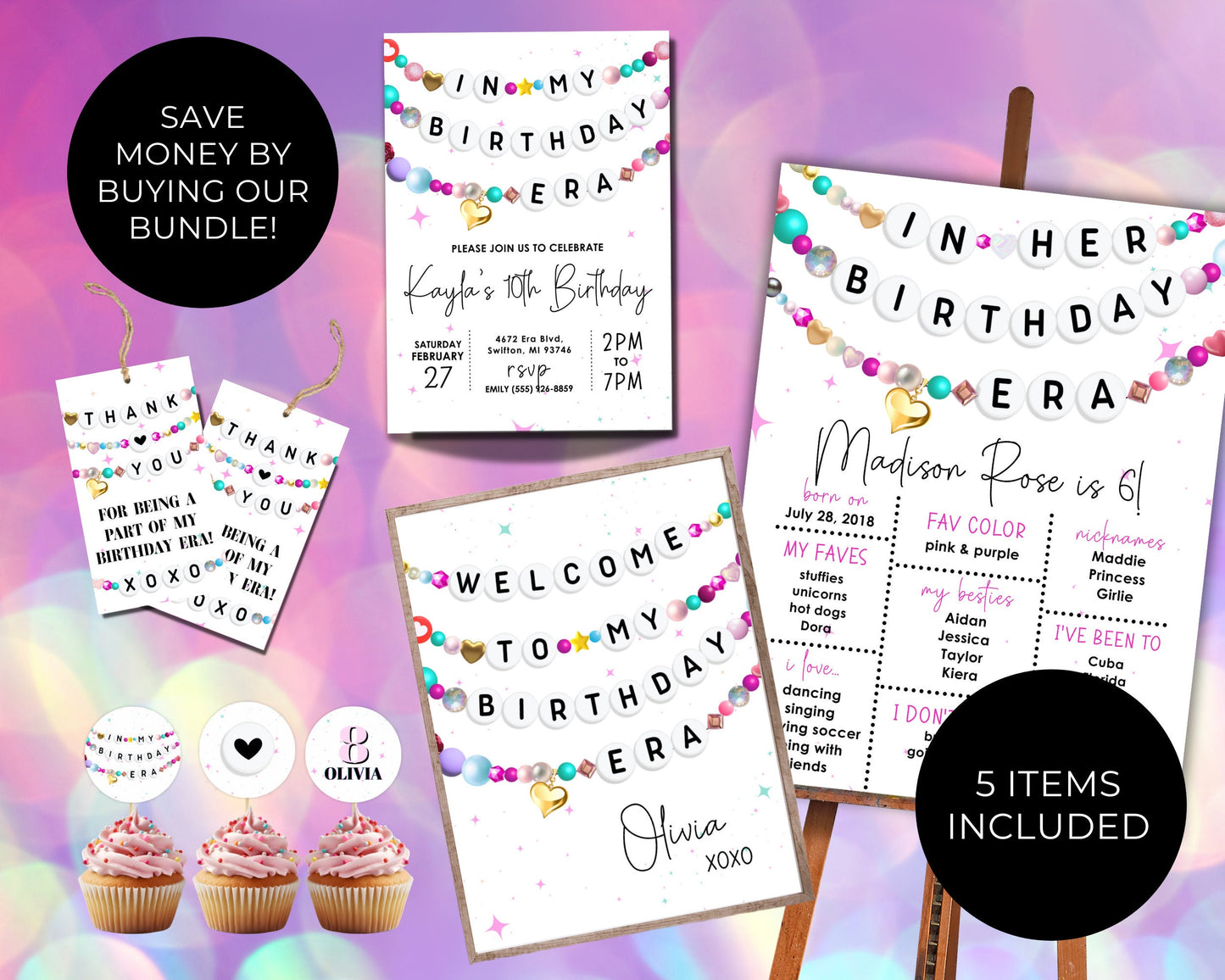 Birthday BUNDLE, In My Birthday Era Friendship Bracelet Invitation Thank You Tag Milestone Welcome Sign, Digital Download, Editable Template