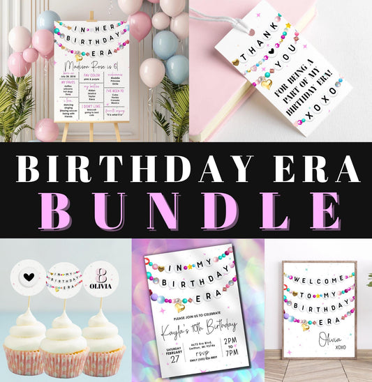 Birthday BUNDLE, In My Birthday Era Friendship Bracelet Invitation Thank You Tag Milestone Welcome Sign, Digital Download, Editable Template