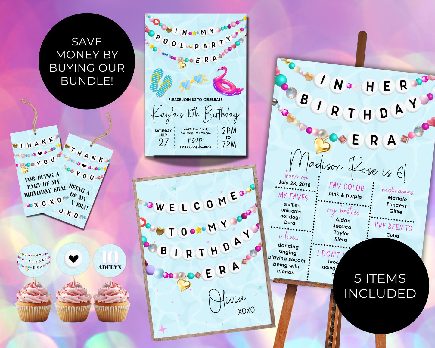 Birthday BUNDLE In My Pool Party Era Friendship Bracelet Invitation Thank You Tag Welcome Sign Milestone, Digital Download,Editable Template