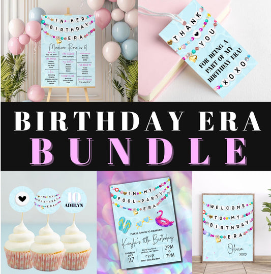 Birthday BUNDLE In My Pool Party Era Friendship Bracelet Invitation Thank You Tag Welcome Sign Milestone, Digital Download,Editable Template