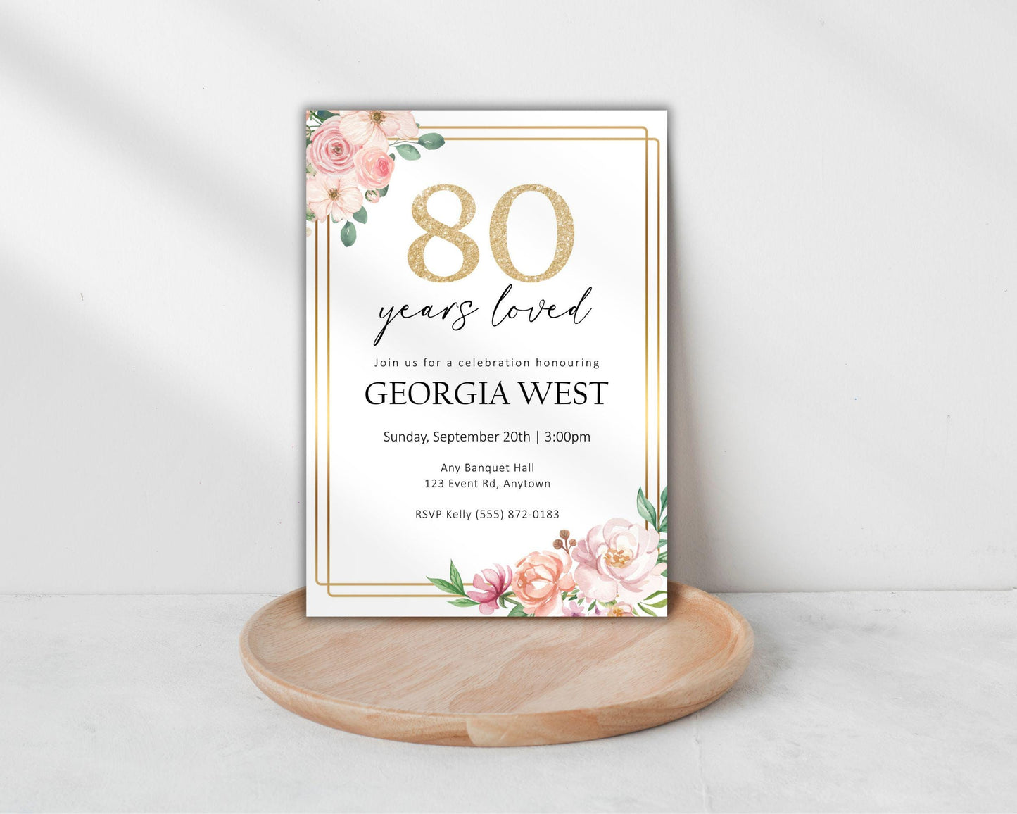 80th 70th 90th Birthday Party Invitation, Pink Floral Years Loved Invite, Senior Celebration, Digital Download, Printable Editable Template