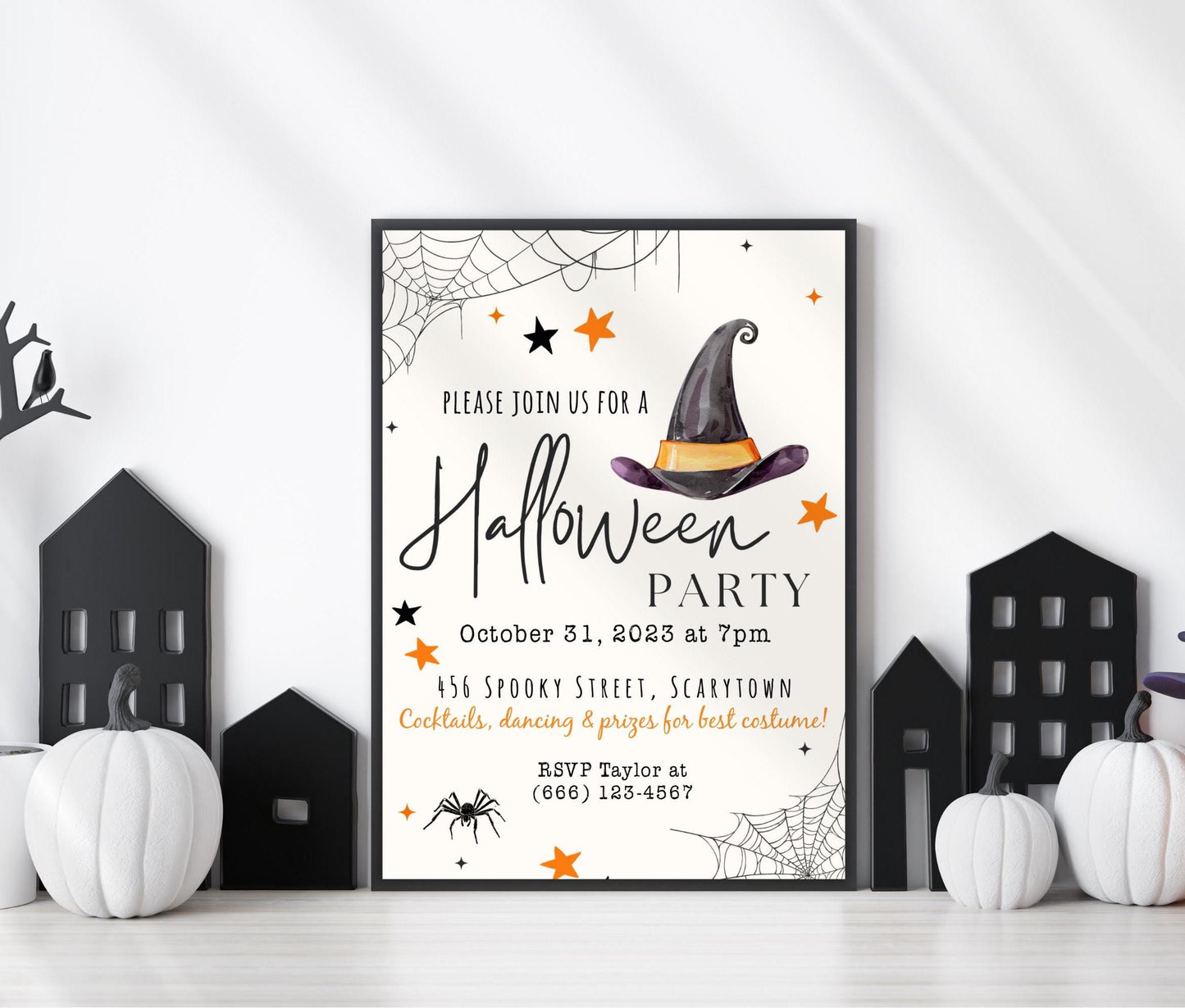 Halloween Party Invitation, October Birthday Party, Witch Hat Halloween Invite, Printable Editable Template, Digital Download