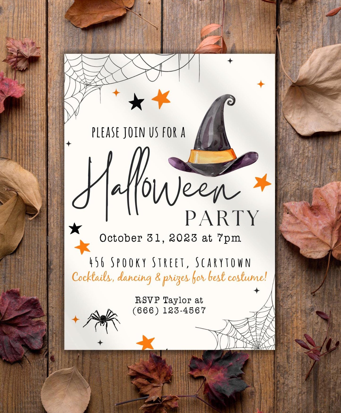 Halloween Party Invitation, October Birthday Party, Witch Hat Halloween Invite, Printable Editable Template, Digital Download