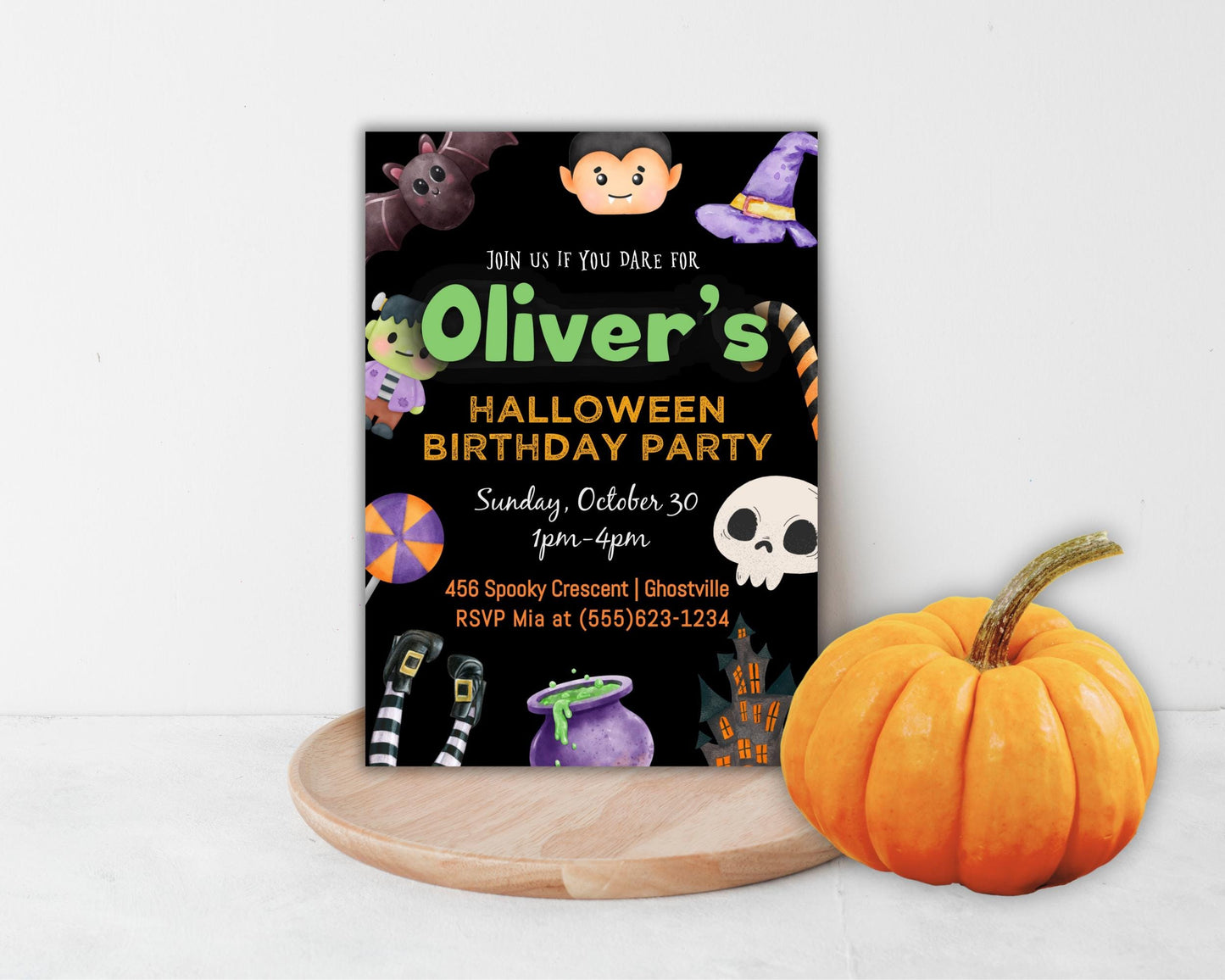 Halloween Kid Birthday Party Invitation, Child October Bday, Trick or Treat Costume Party Invite, DIY Editable Template, Digital Download