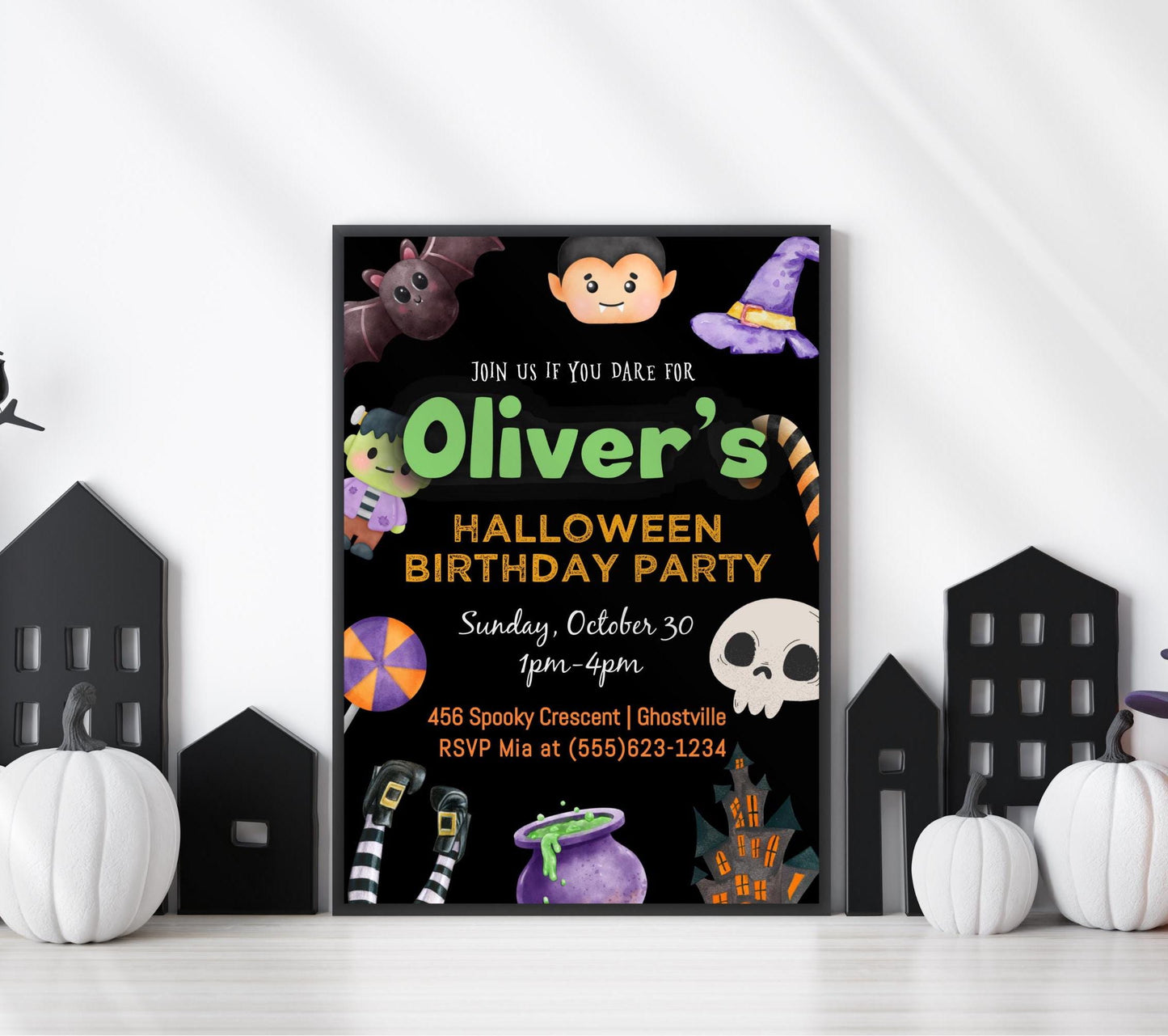 Halloween Kid Birthday Party Invitation, Child October Bday, Trick or Treat Costume Party Invite, DIY Editable Template, Digital Download