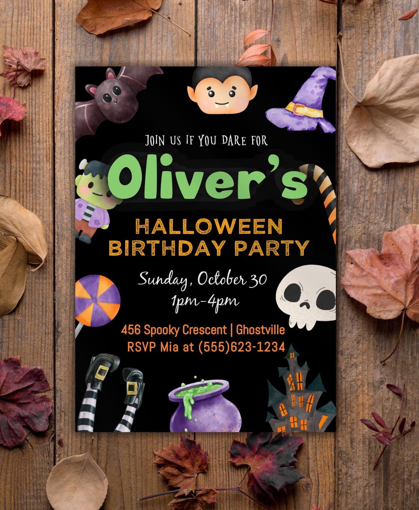 Halloween Kid Birthday Party Invitation, Child October Bday, Trick or Treat Costume Party Invite, DIY Editable Template, Digital Download