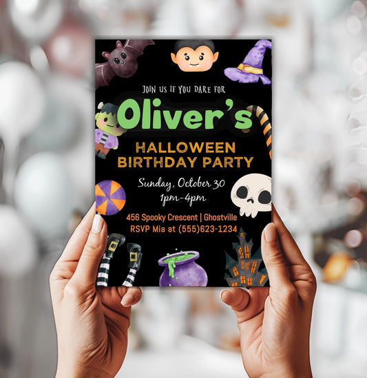 Halloween Kid Birthday Party Invitation, Child October Bday, Trick or Treat Costume Party Invite, DIY Editable Template, Digital Download