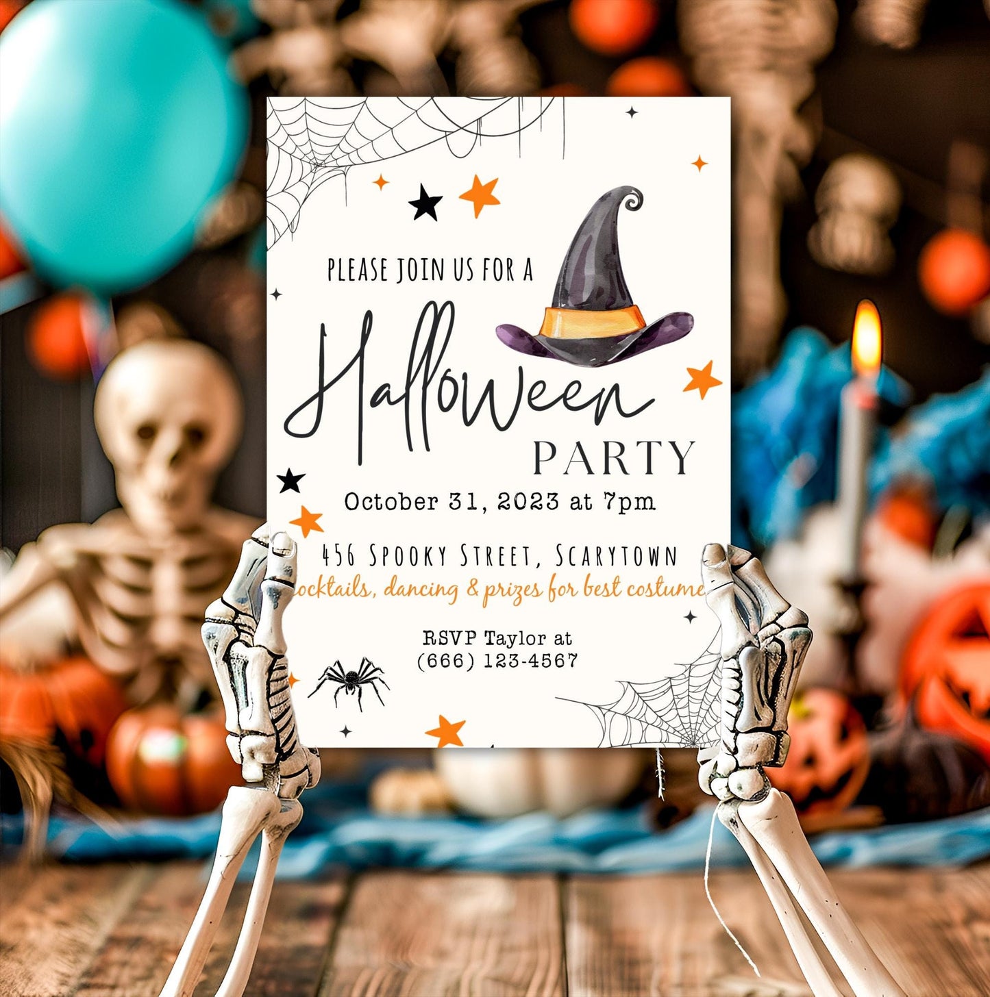 Halloween Party Invitation, October Birthday Party, Witch Hat Halloween Invite, Printable Editable Template, Digital Download