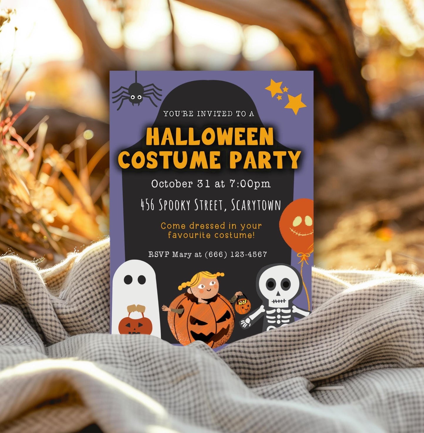 Halloween Kids Party Invitation, Trick or Treat Party Invite, Costume Party Invite, Black Orange Invitation, DIY Editable Digital Download