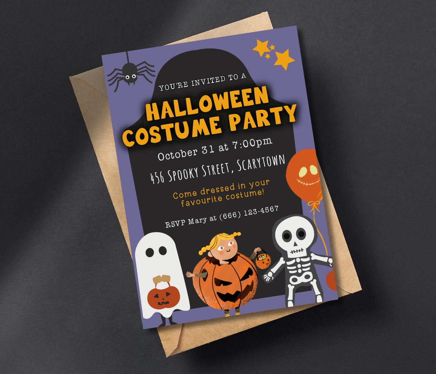 Halloween Kids Party Invitation, Trick or Treat Party Invite, Costume Party Invite, Black Orange Invitation, DIY Editable Digital Download