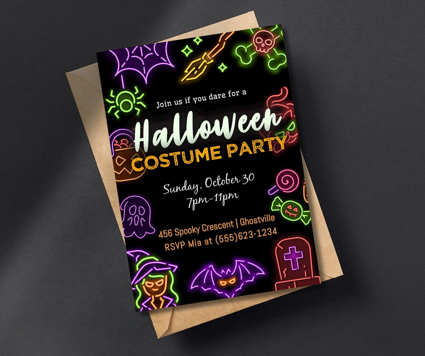 Halloween Party Invitation, Neon Halloween Trick or Treat Party Invite, Costume or Birthday Party Invite, DIY Editable Printable Template