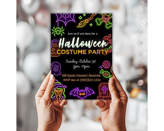 Halloween Party Invitation, Neon Halloween Trick or Treat Party Invite, Costume or Birthday Party Invite, DIY Editable Printable Template