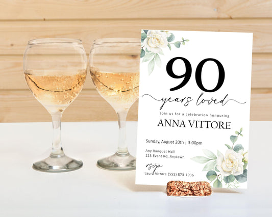 90th 80th 70th Birthday Party Invitation, Floral Years Loved Invite, Celebration for Senior, Older Adult Birthday Invite, Editable Template