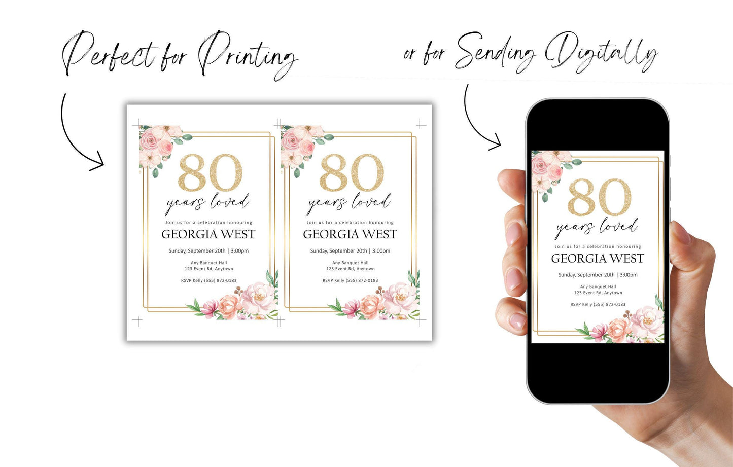 80th 70th 90th Birthday Party Invitation, Pink Floral Years Loved Invite, Senior Celebration, Digital Download, Printable Editable Template