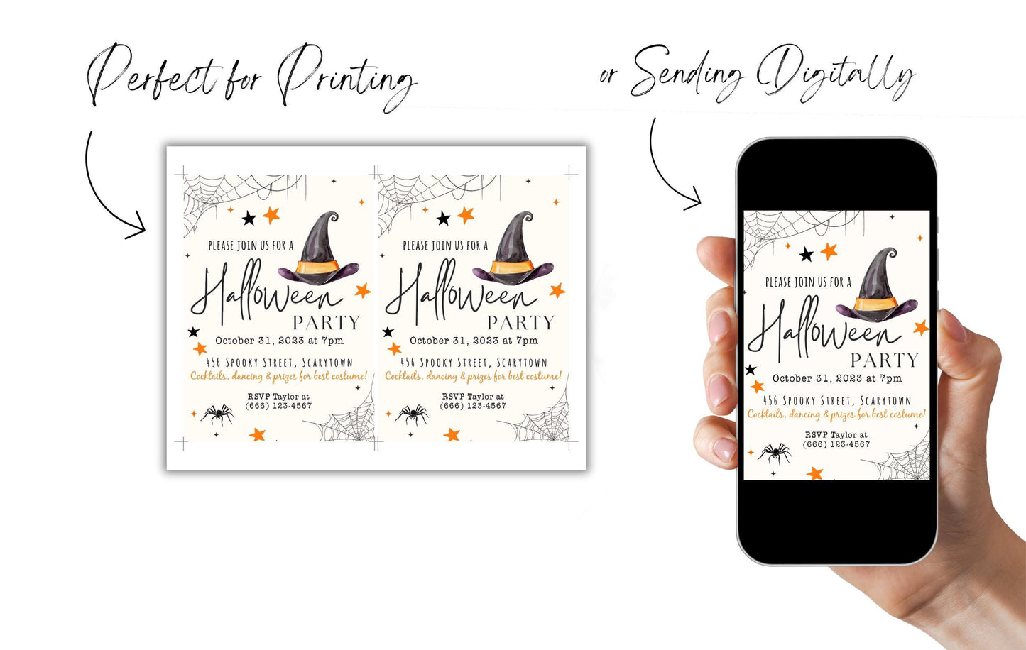 Halloween Party Invitation, October Birthday Party, Witch Hat Halloween Invite, Printable Editable Template, Digital Download