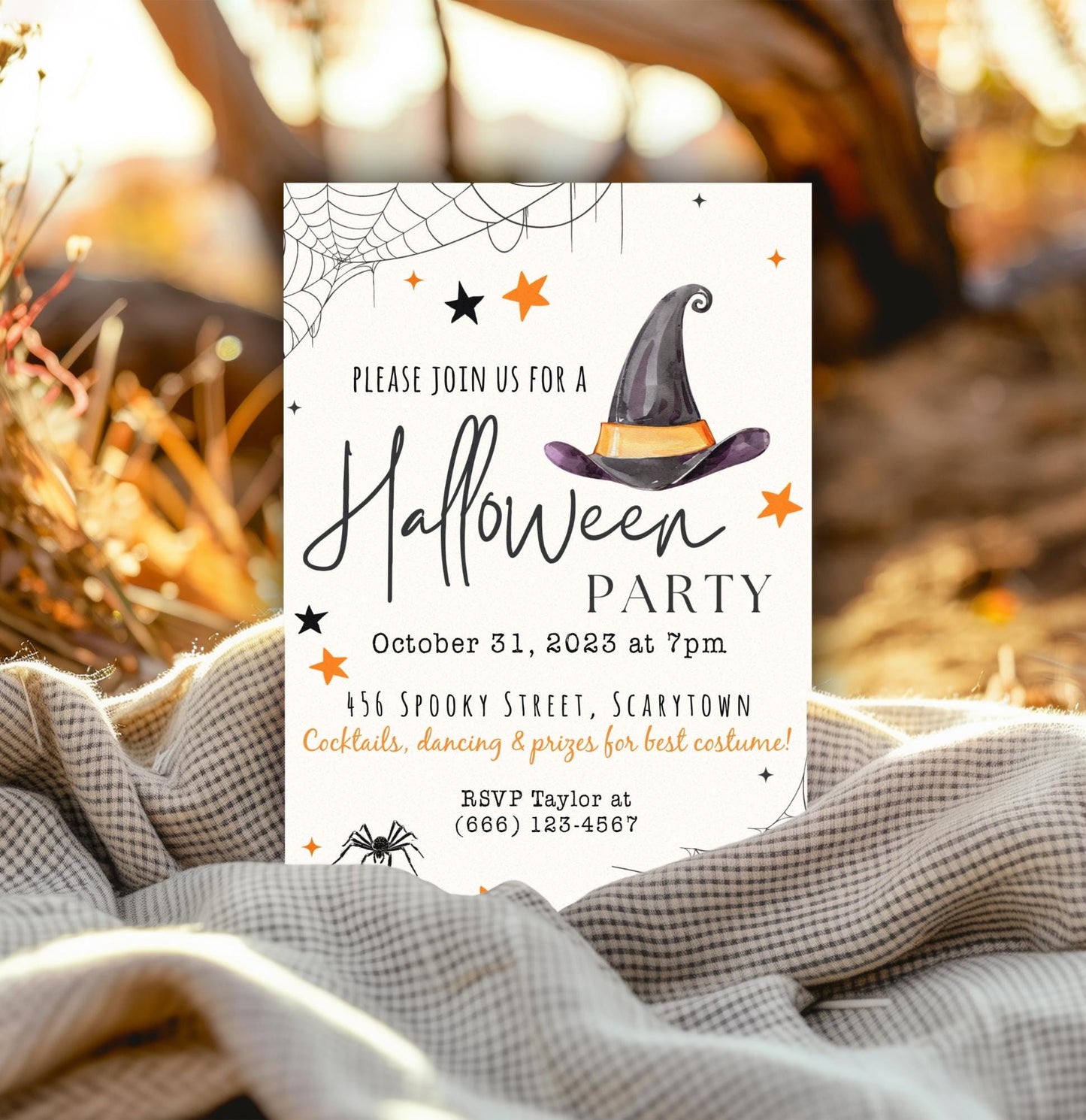 Halloween Party Invitation, October Birthday Party, Witch Hat Halloween Invite, Printable Editable Template, Digital Download