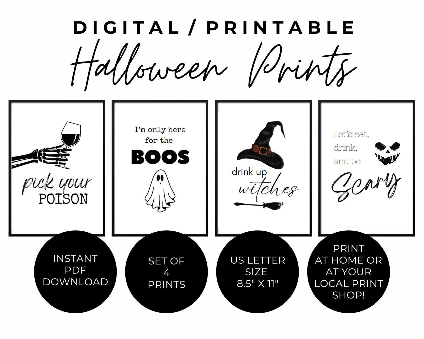 Halloween Drinking Decor Set of 4 Digital Prints, Wall Art, Drink Signs, Bar Menu, Decor Bundle, Instant Printable Digital Downloads