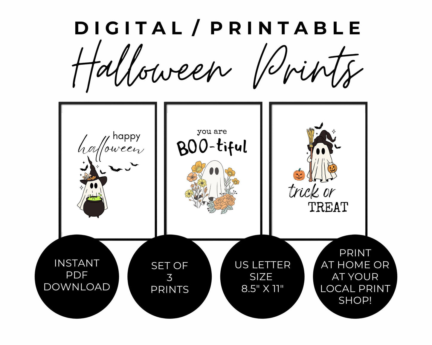 Halloween Decor Set of 3 Digital Prints,, Cute Ghost Halloween Quotes, Kid Decor, Festive Halloween Decor Bundle, Instant Download Printable