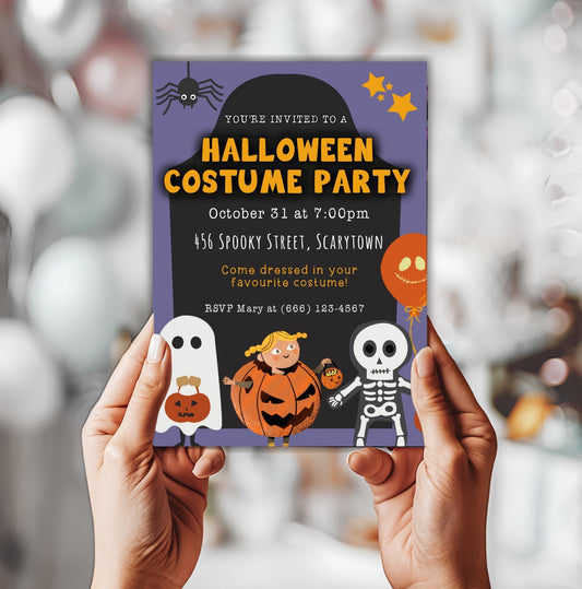 Halloween Kids Party Invitation, Trick or Treat Party Invite, Costume Party Invite, Black Orange Invitation, DIY Editable Digital Download